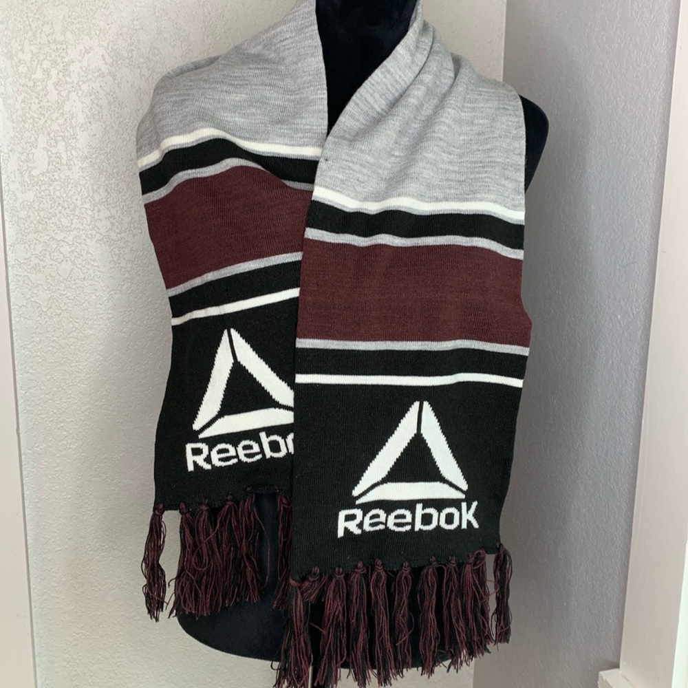 Reebok black grey maroon white logo knit scarf fringe